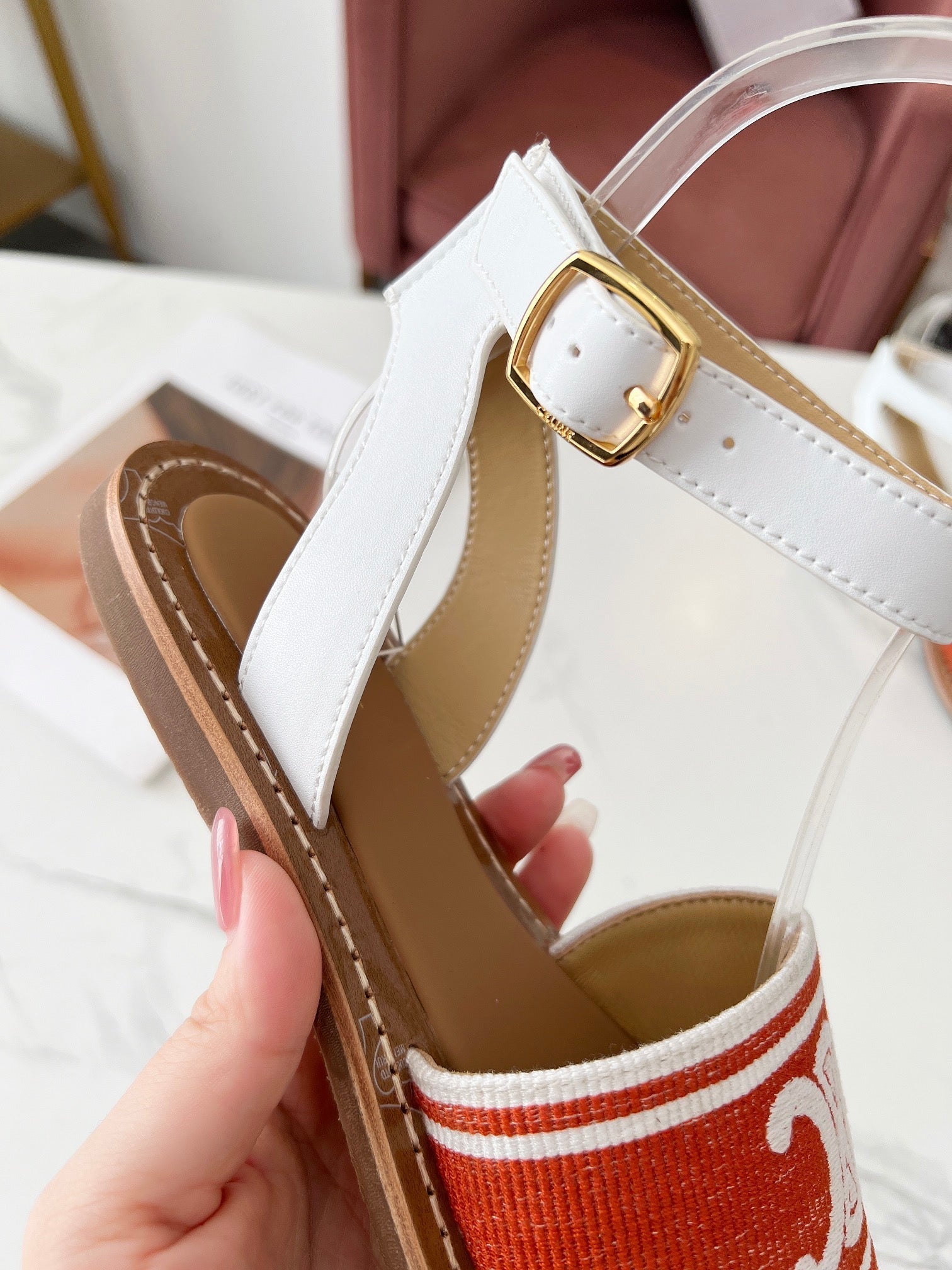 LYMPIA SANDAL IN RED MIX WHITE TRIOMPHE JACQUARD CANVAS & CALFSKIN