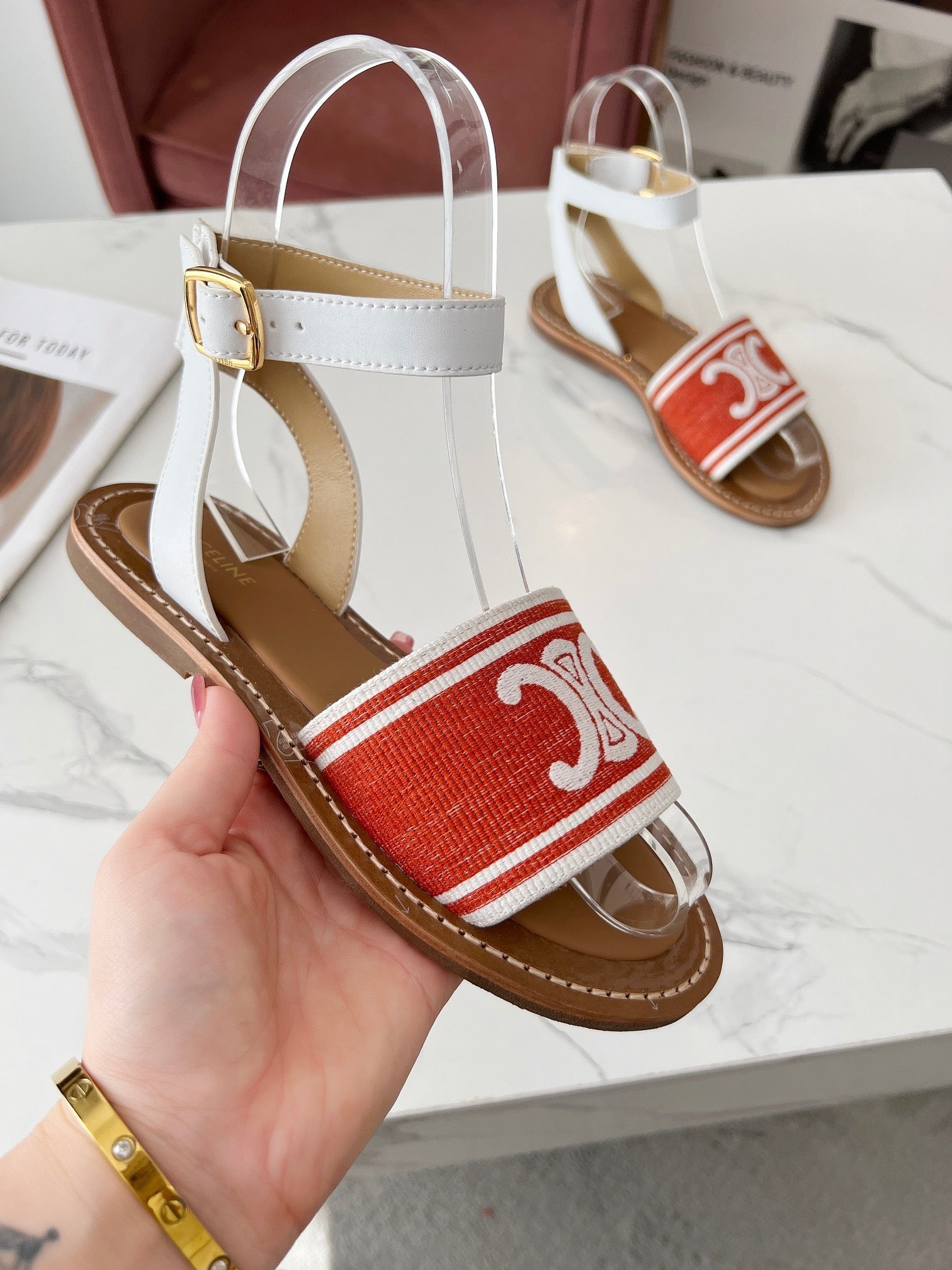 LYMPIA SANDAL IN RED MIX WHITE TRIOMPHE JACQUARD CANVAS & CALFSKIN