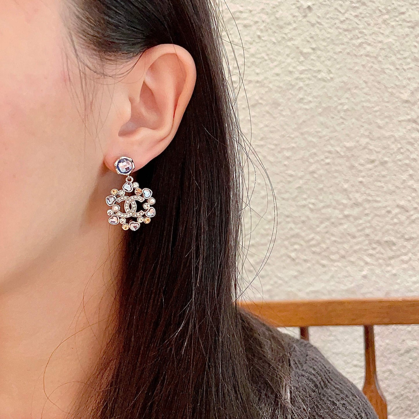 DOUBLE C STUD EARRINGS IN SILVER METAL WHITE PEARL GOLD AND BLUE STONES