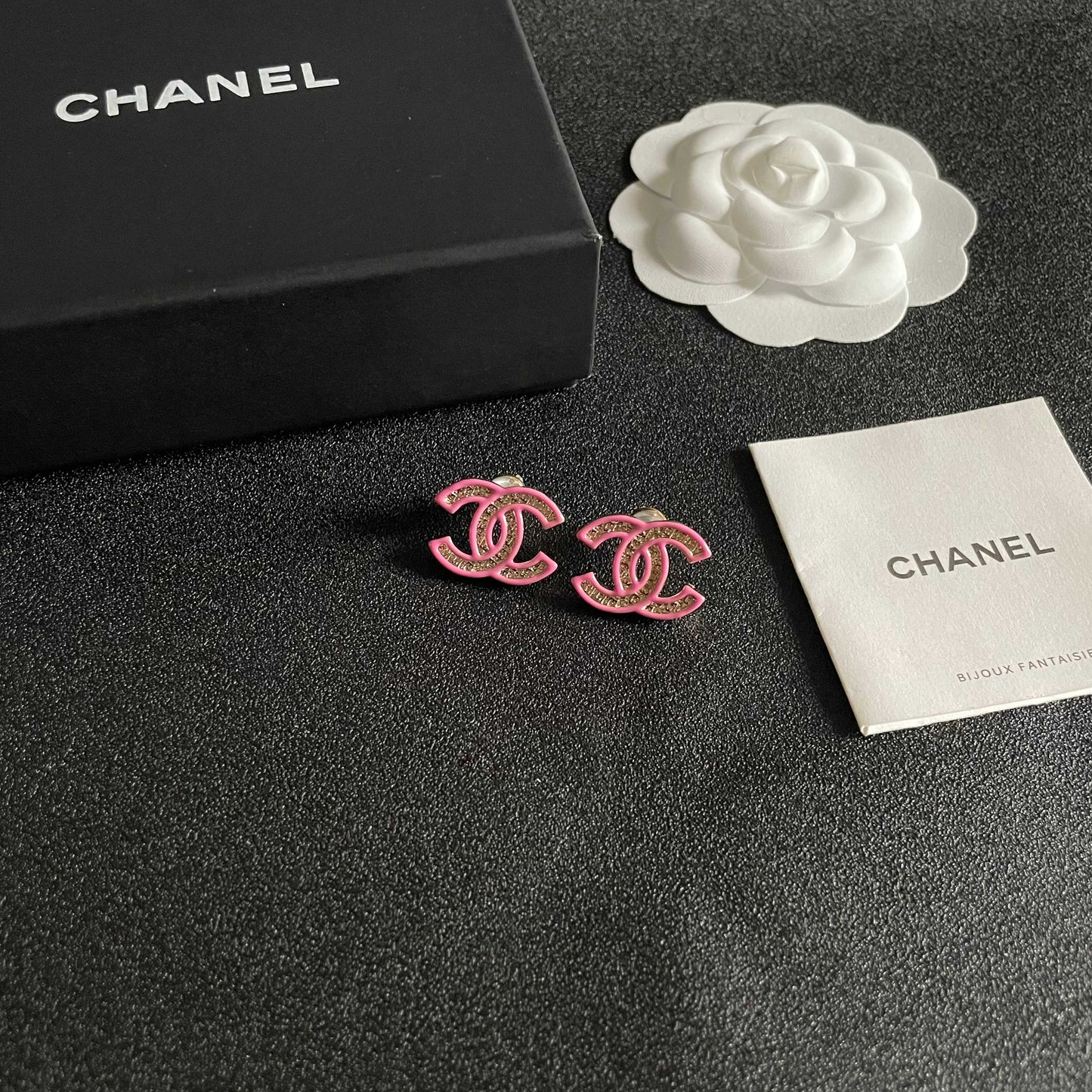 DOUBLE C STUD EARRINGS WITH PINK TRIM AND CENTER STONE
