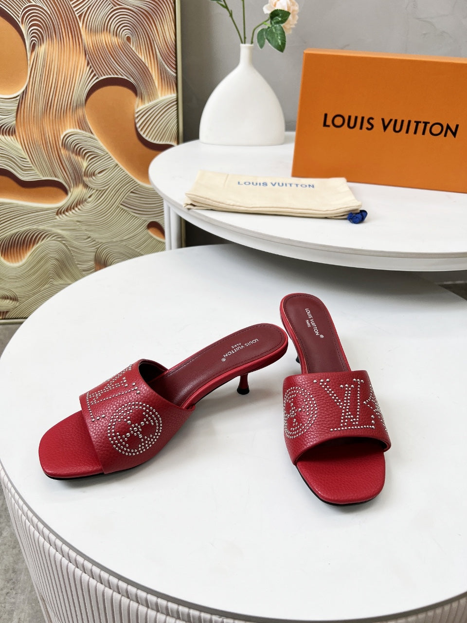 HIGH MULE IN RUBY RED LAMBSKIN WITH RHINSTONES 55 MM