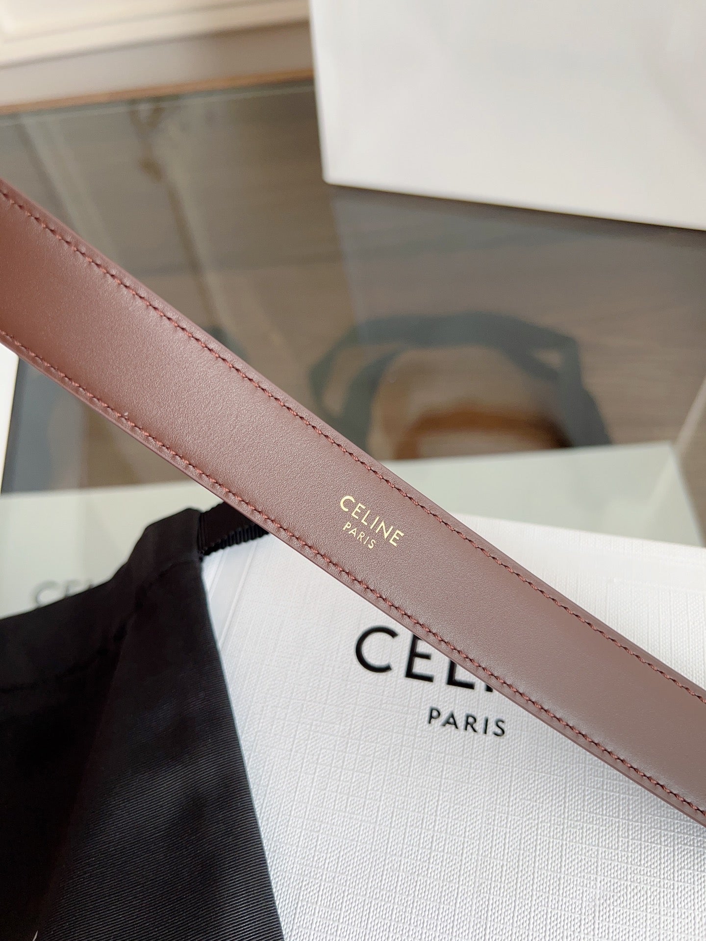 TRIOMPHE BELT 24MM IN BROWN CALFSKIN WITH GOLD BUCKLE