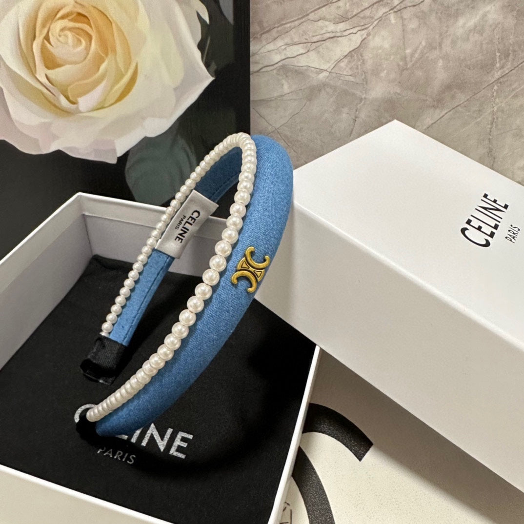 BRIGHT BLUE DENIM FABRIC HAIRBAND WITH PEARL CHAIN 400482