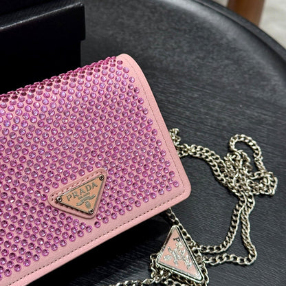 STUDDED CRYSTAL WALLET ON CHAIN 13 IN PINK CALFSKIN