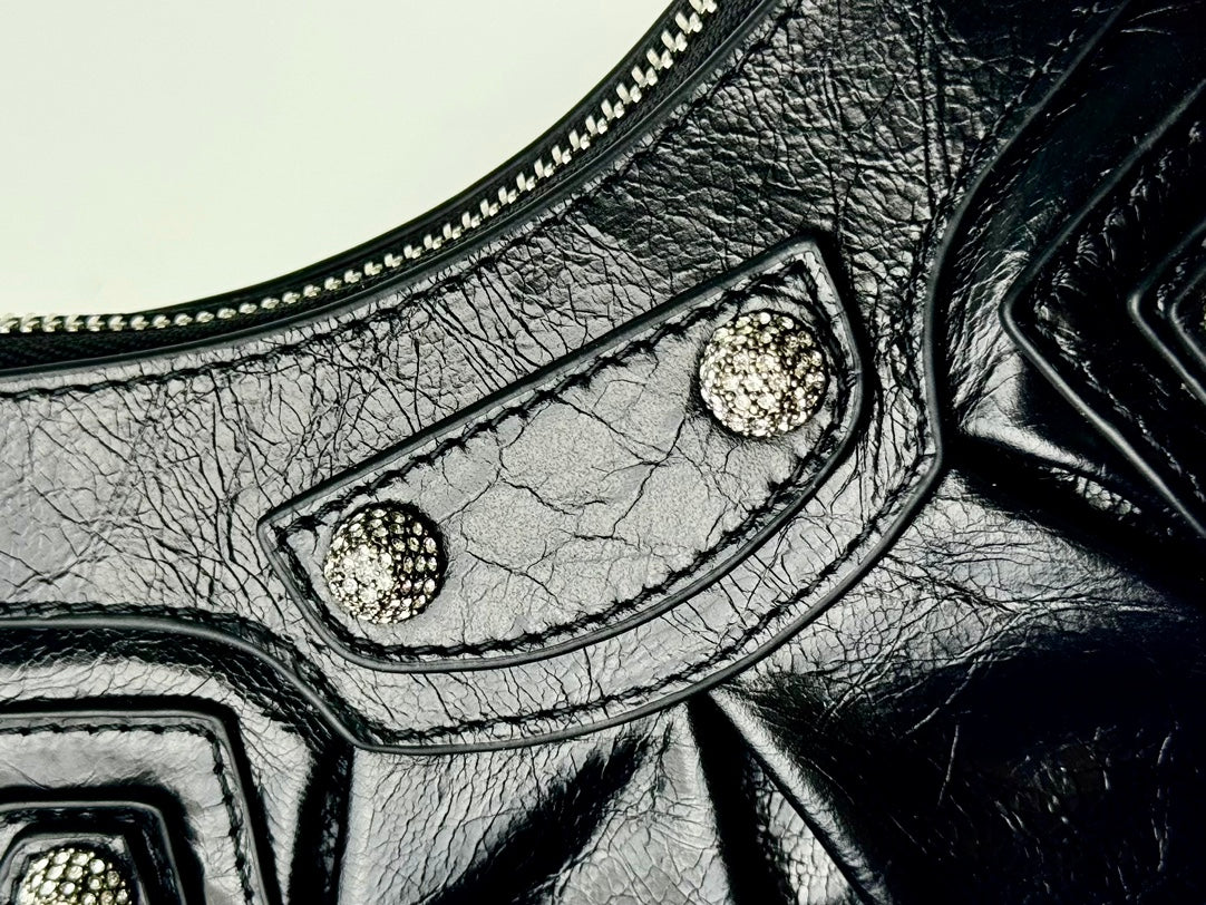 LE CAGOLE SMALL SHOULDER BAG 26 WITH RHINESTONES IN BLACK ARENA LAMBSKIN SILVER HARDWARE
