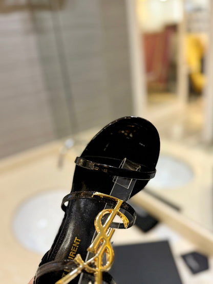 SL CASSANDRA HEELED SANDALS BLACK-GOLD CALFSKIN
