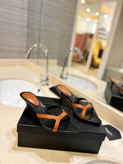 SL OPEN-TOES HIGH HEELS SLIPPER COPPER CALFSKIN