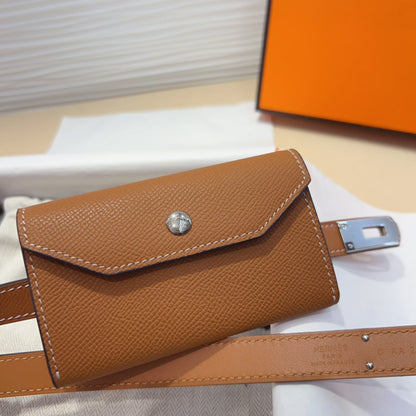 HM KELLY POCKET 18MM BELT CINNAMON BROWN LEATHER SILVER HARDWARE
