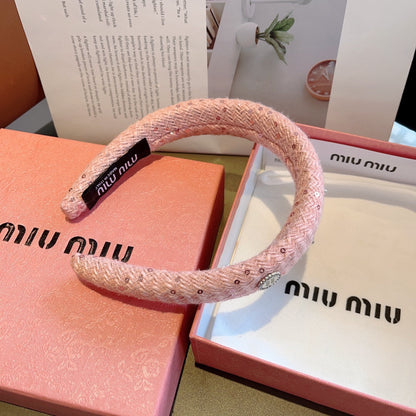 THICK HEADBAND IN PINK TWEED EMBELLISHED SEQUINS 406045