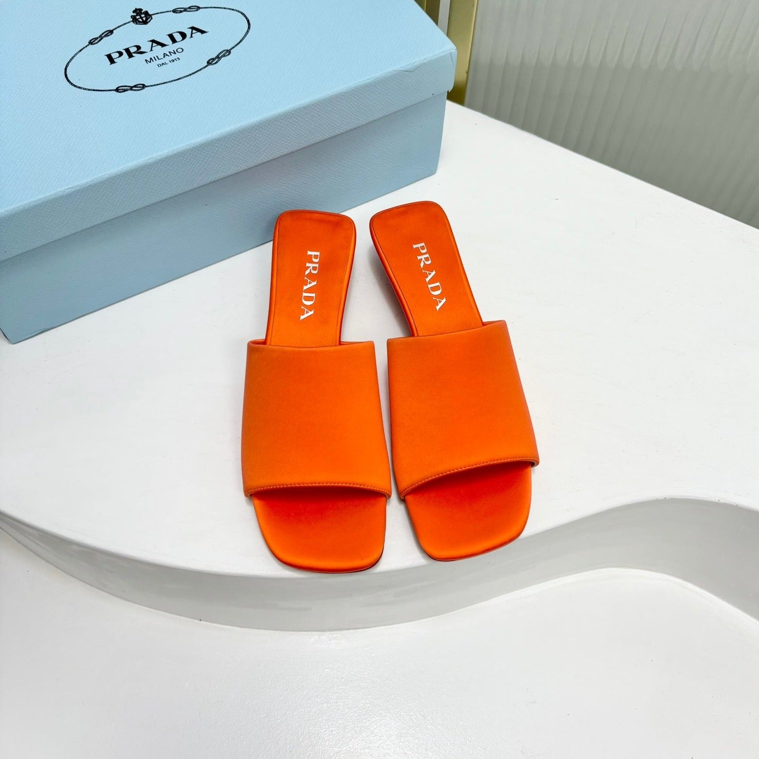 PRA TRIANGLE HEEL SATIN SLIPPERS BRIGHT ORANGE