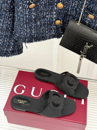 SLIDE SANDALS IN BLACK FABRIC EMBOSSED LOGO STYLE 1