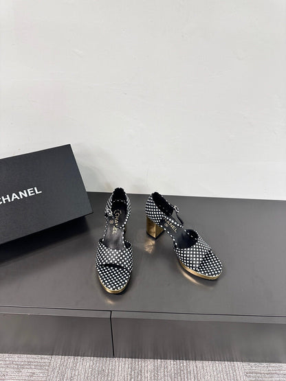 BLOCK HEEL SANDALS BLACK POLKA DOT SHEEPSKIN