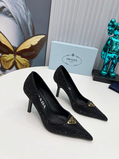 CRYSTAL HIGH-HEEL PUMPS IN BLACK SATIN WITH TRIANGLE LOGO