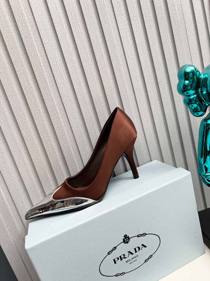HIGH POINTED-TOE PUMPS IN CHOCOLATE MIX SILVER SATIN