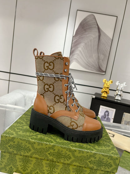 GG LACE-UP SHORT BOOTS IN CINNAMON BROWN CANVAS MIX CALFSKIN