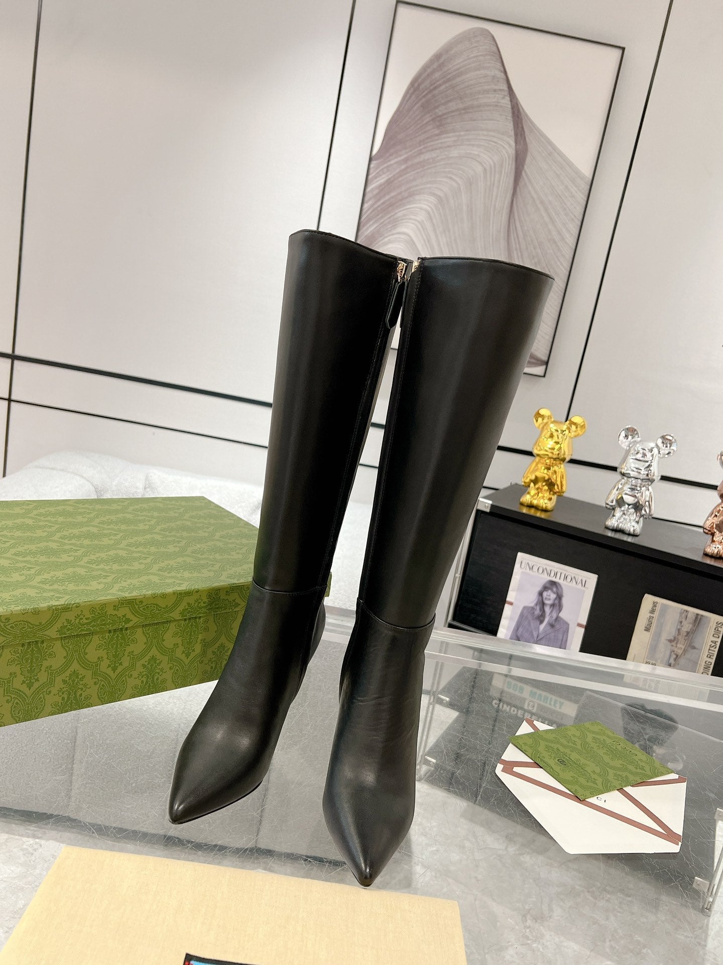 GG KNEE BOOTS IN BLACK CALFSKIN WITH GOLD PLATED HEEL