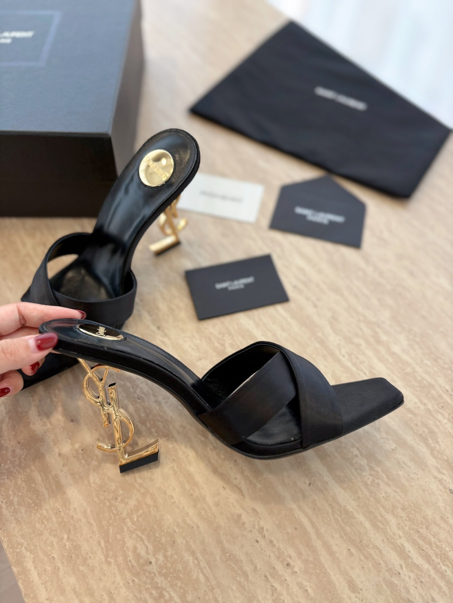 OPYUM OPEN TOE HIGH 10 CM MULES IN BLACK CALFSKIN