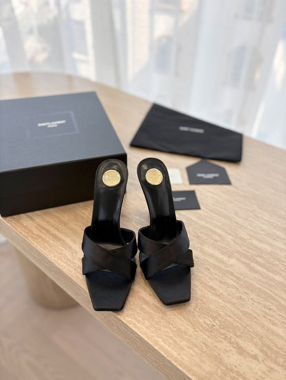 OPYUM OPEN TOE HIGH 10 CM MULES IN BLACK CALFSKIN
