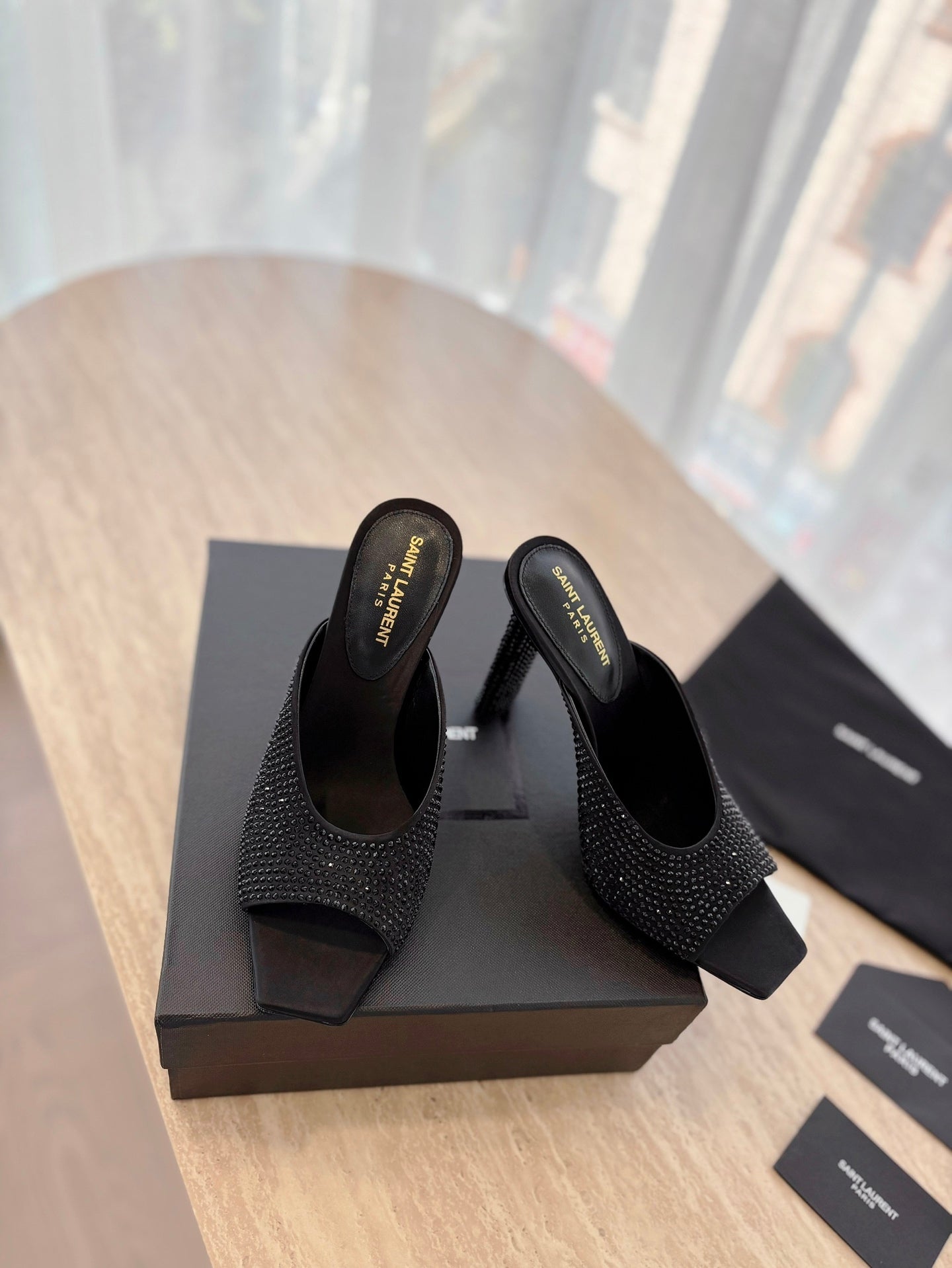 HIGH HEEL BLONDE MULE 10 CM IN BLACK SATIN WITH RHINESTONES