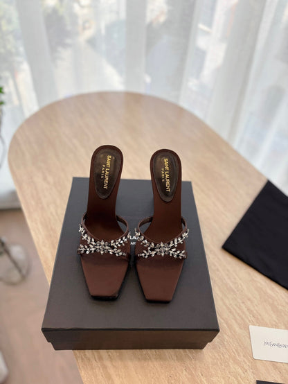 RAV HIGH HEEL 10 CM EMBELLISHED CHOCOLATE BROWN SATIN MULES