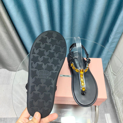 FLIP-FLOPS BLACK COWHIDE WITH CRYSTALS-YELLOW