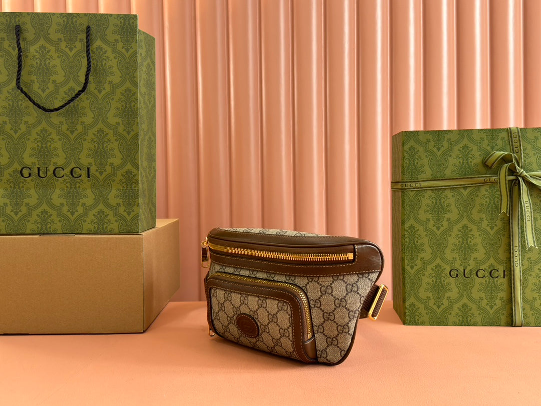 OPHIDIA BELT BAG 28 IN BROWN AND BEIGE GG CALFSKIN