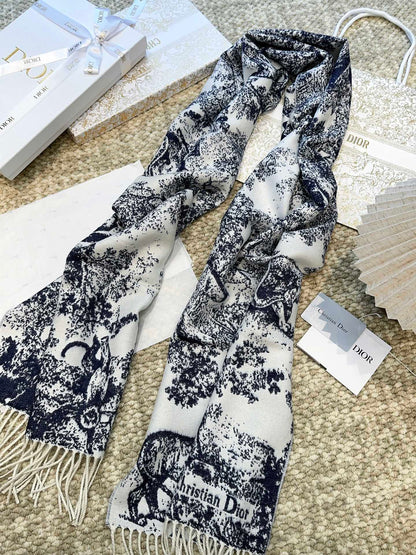 SCARF 220 CM IN NAVY BLUE MIX WHITE MONOGRAM CASHMERE AND WOOL 413656