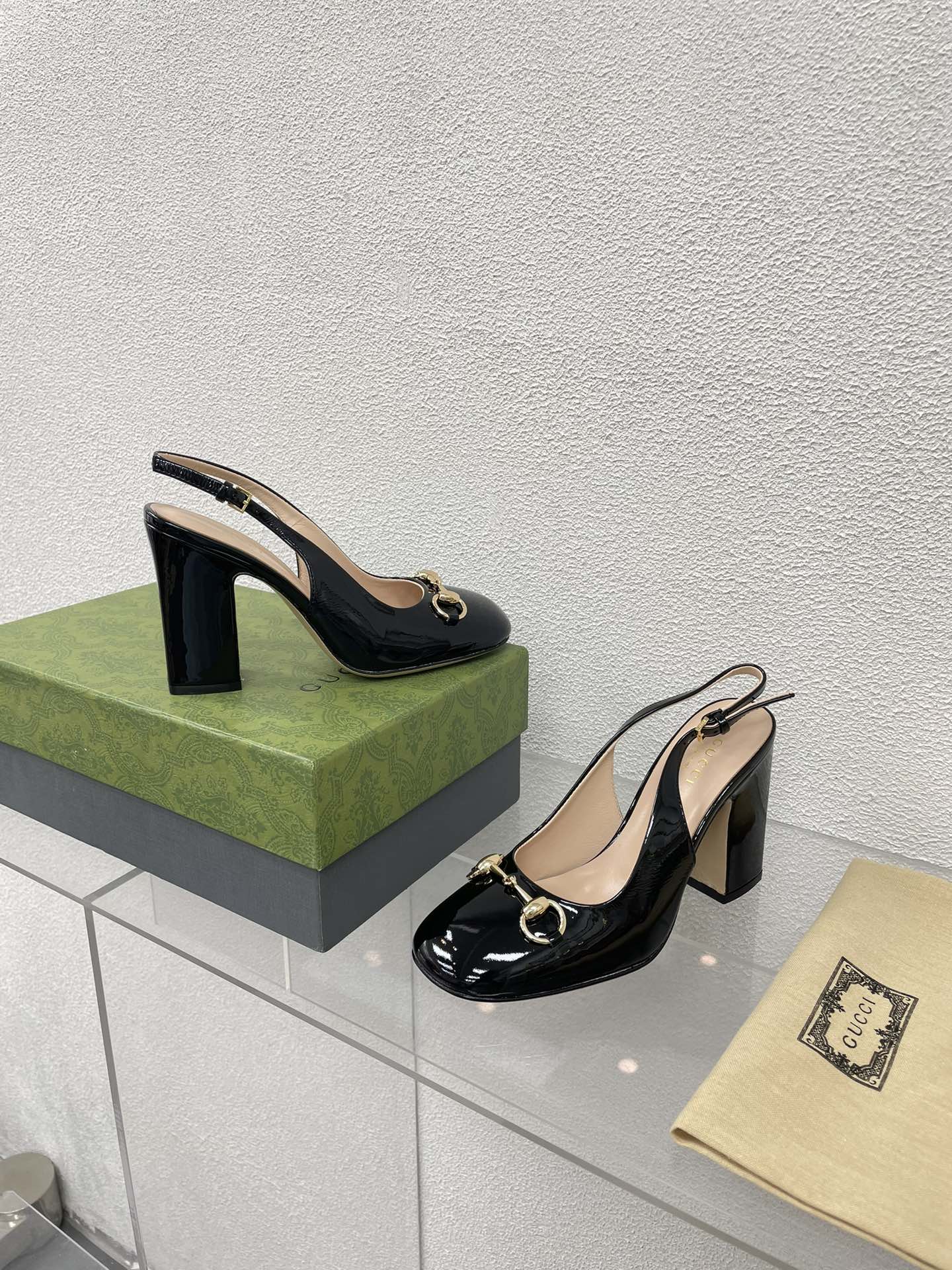 GG WOMEN'S HORSEBIT SLINGBACK 95MM IN BLACK CALFSKIN