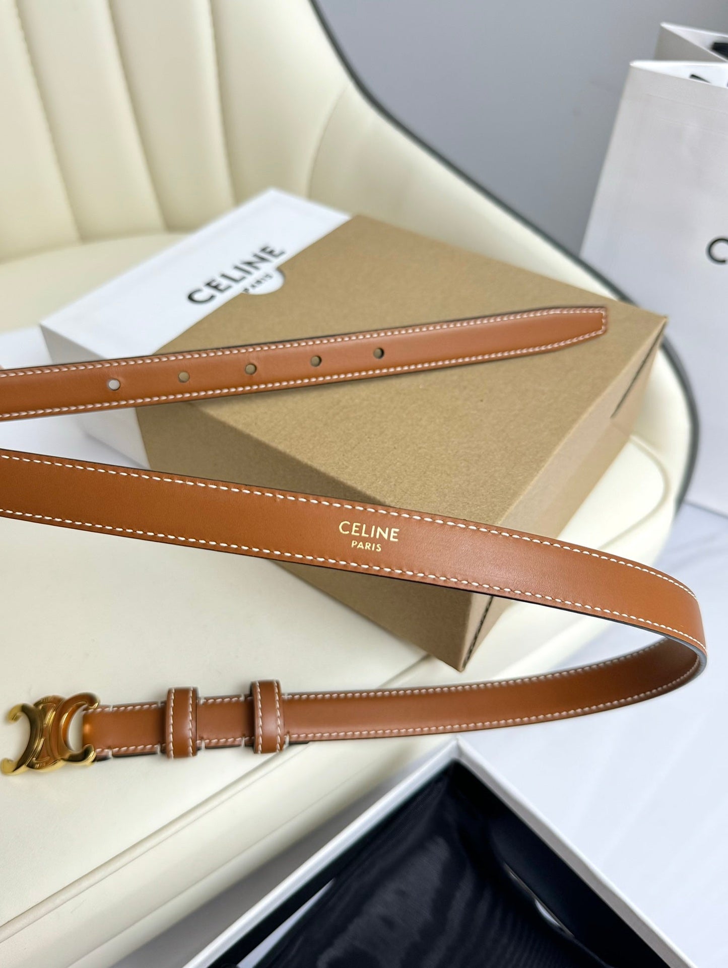 SMALL TRIOMPHE BELT 18 MM BRONZE BROWN LEATHER GOLD HARDWARE
