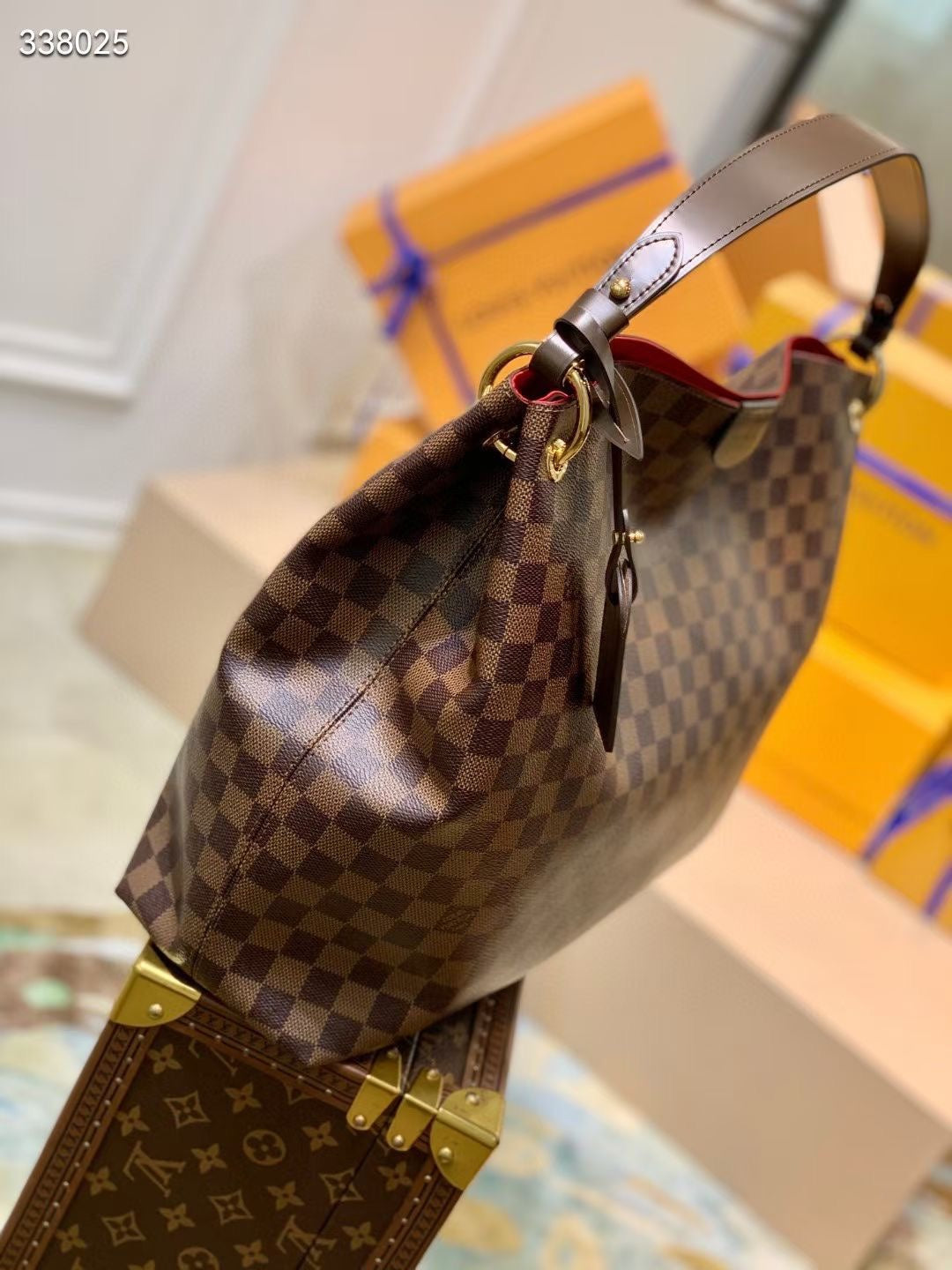 GRACEFUL MM BAG 41 IN BROWN DAMIER COATED CANVAS BROWN CALFSKIN