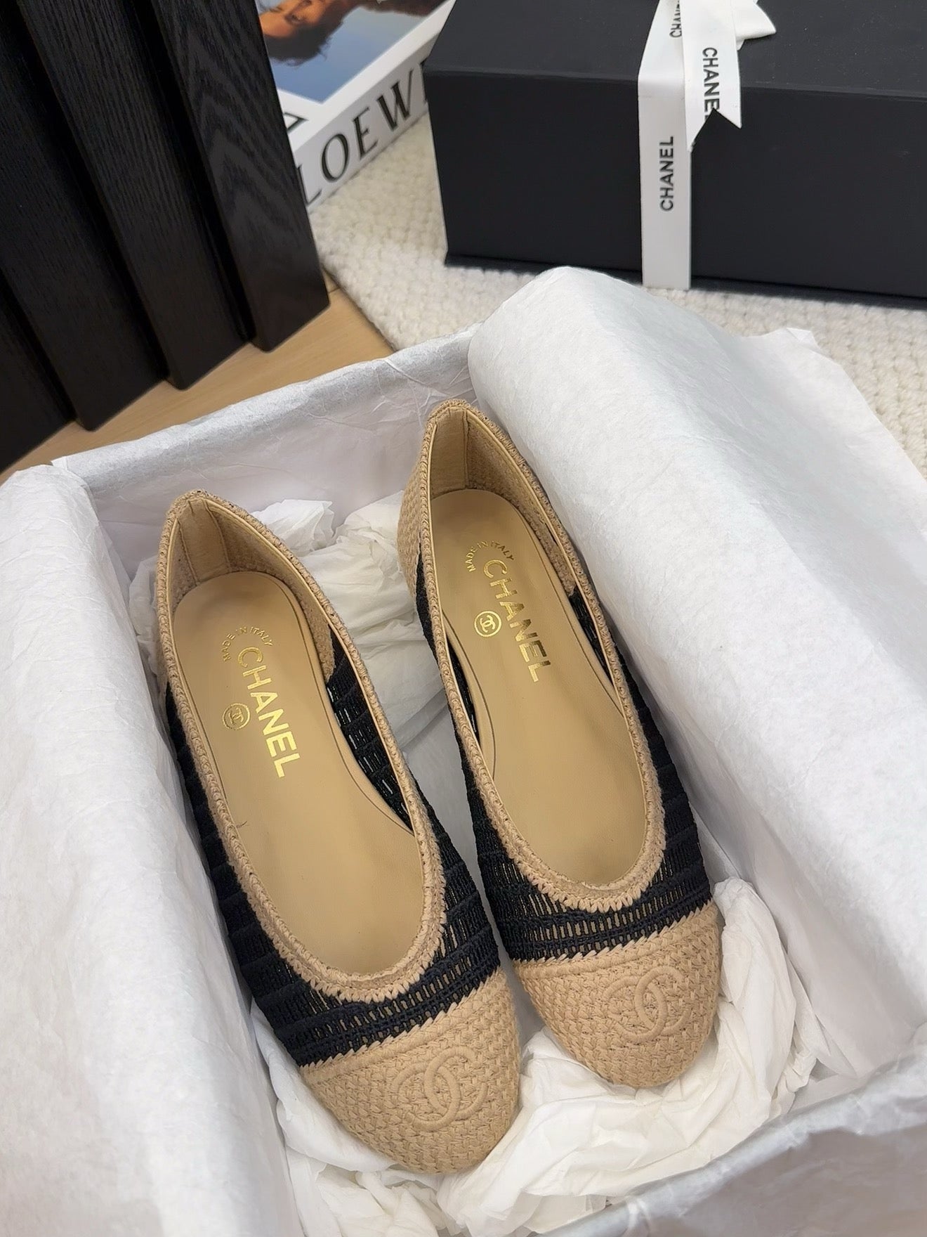 BALLERINAS IN BLACK MIX PEANUT BROWN RAFFIA
