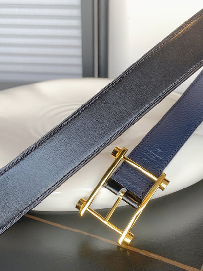 HM REVERSIBLE NAVY BLUE LEATHER STRAP 32 MM GOLD HARDWARE