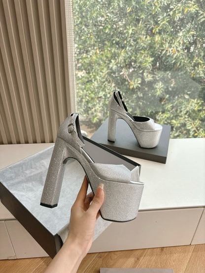 PLATFORM ANKLE STRAP HEELS IN SILVER METALLIC ATTACHED RHINESTONES CALFSKIN