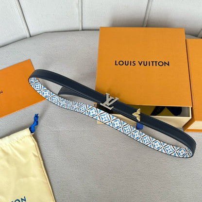 Pretty LV 20mm Reversible Belt Silver Buckle Black White Blue Leather