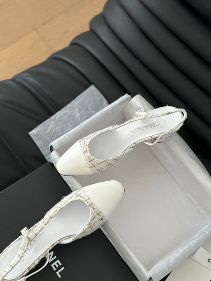 HIGH SLINGBACK IN WHITE TWEED AND LAMBSKIN