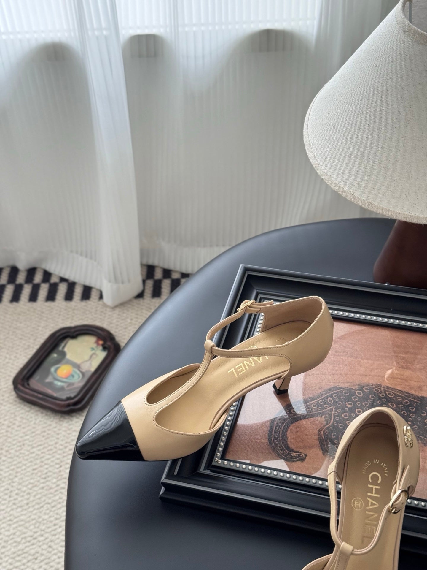 HIGH HEELS WAIST CUTTING IN BROWN BEIGE MIX BLACK CALFSKIN