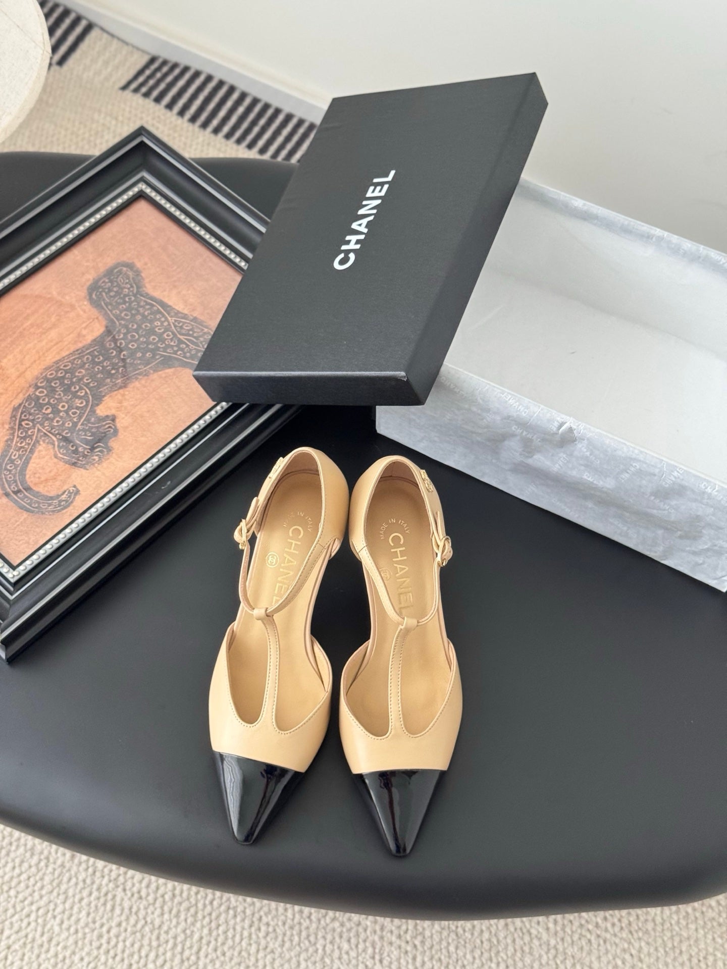HIGH HEELS WAIST CUTTING IN BROWN BEIGE MIX BLACK CALFSKIN