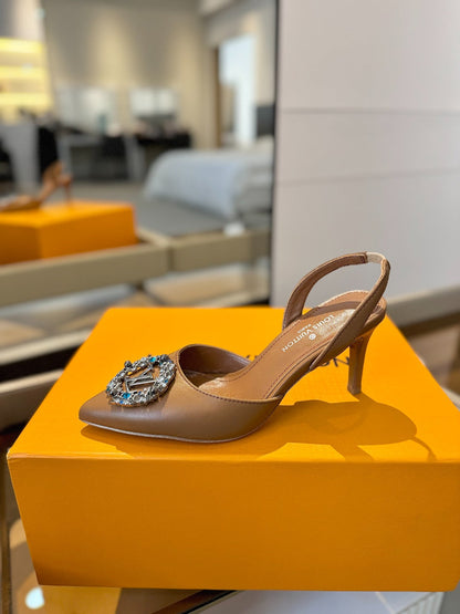 HIGH HEEL 75 MM SLINGBACK IN BRONZE BROWN CALFSKIN WITH CRYSTAL