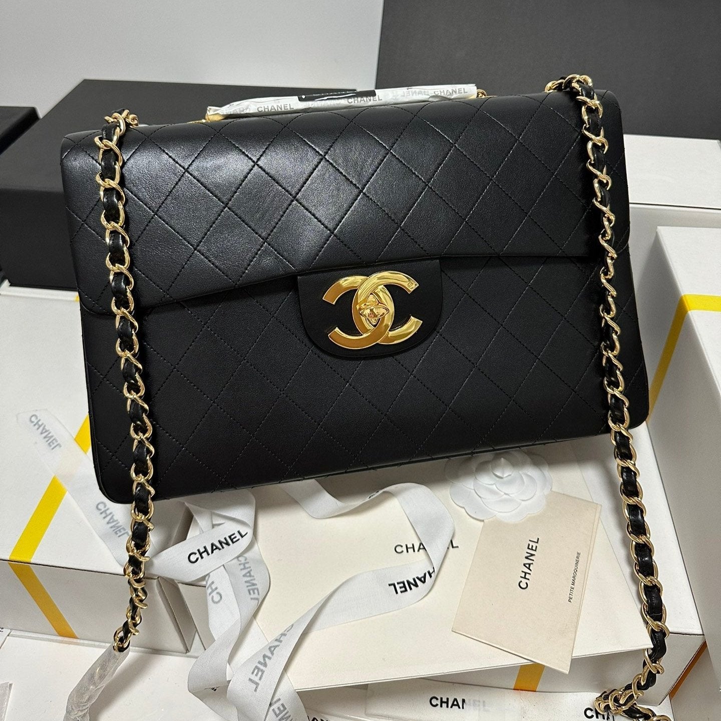 CC MAXI FLAP BAG 34 IN BLACK CALFSKIN