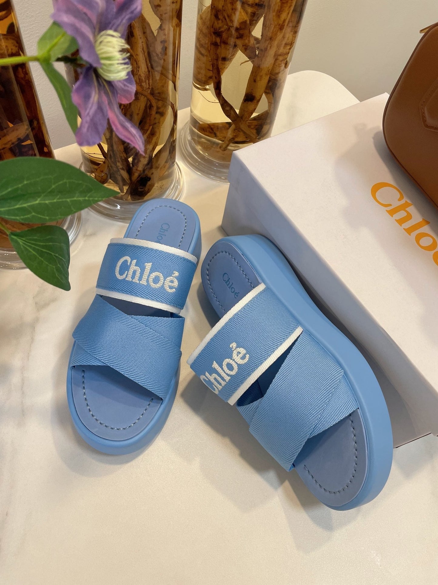 WOODY WEDGE SANDALS IN CERULEAN BLUE CANVAS WITH RUBBER SOLE