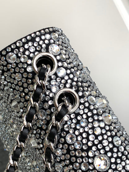 CC MINI 20 FLAP BAG IN SILVER SATIN RHINSTONES EMBELLISHED