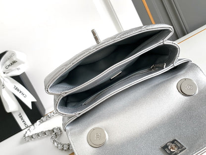 CC MINI 19 FLAP BAG IN SILVER CALFSKIN
