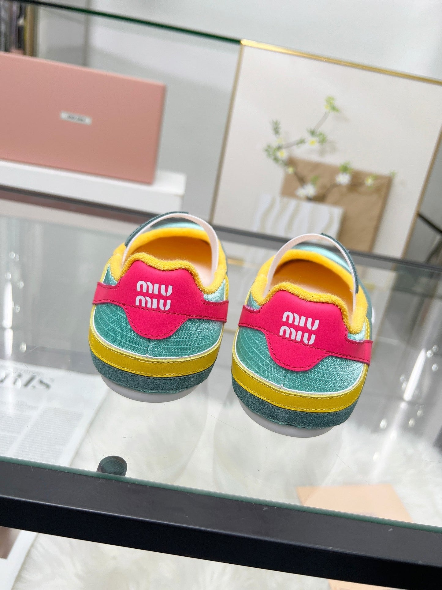 GYMNASIUM BALLERINAS IN GREEN PINK YELLOW TECHNICAL FABRIC AND SUEDE