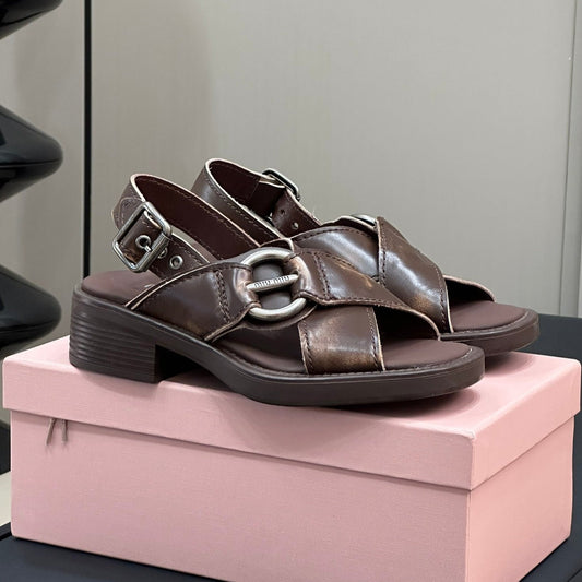 Sandals Chocolate Color Retro Sheepskin With Cross - Straps