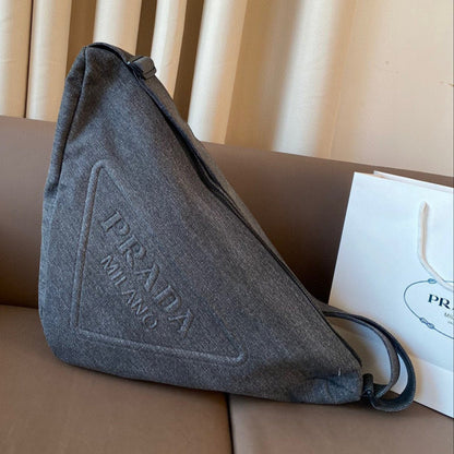 TRIANGLE 55 SHOULDER BAG IN GREY RE-NYLON EMBOSSED LOGO