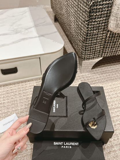 SL TANGER SLIDES BLACK SATIN