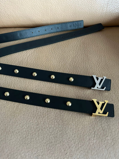 LV Initiales Studs 30mm Reversible Belt Silver Buckle Black Leather