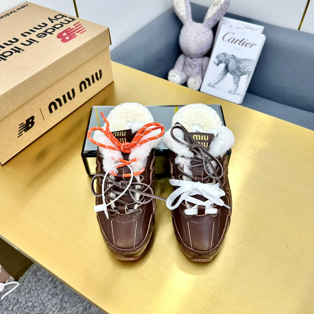 MIUxNB 530 SNEAKER MULES IN BROWN CALFSKIN SHEARLING