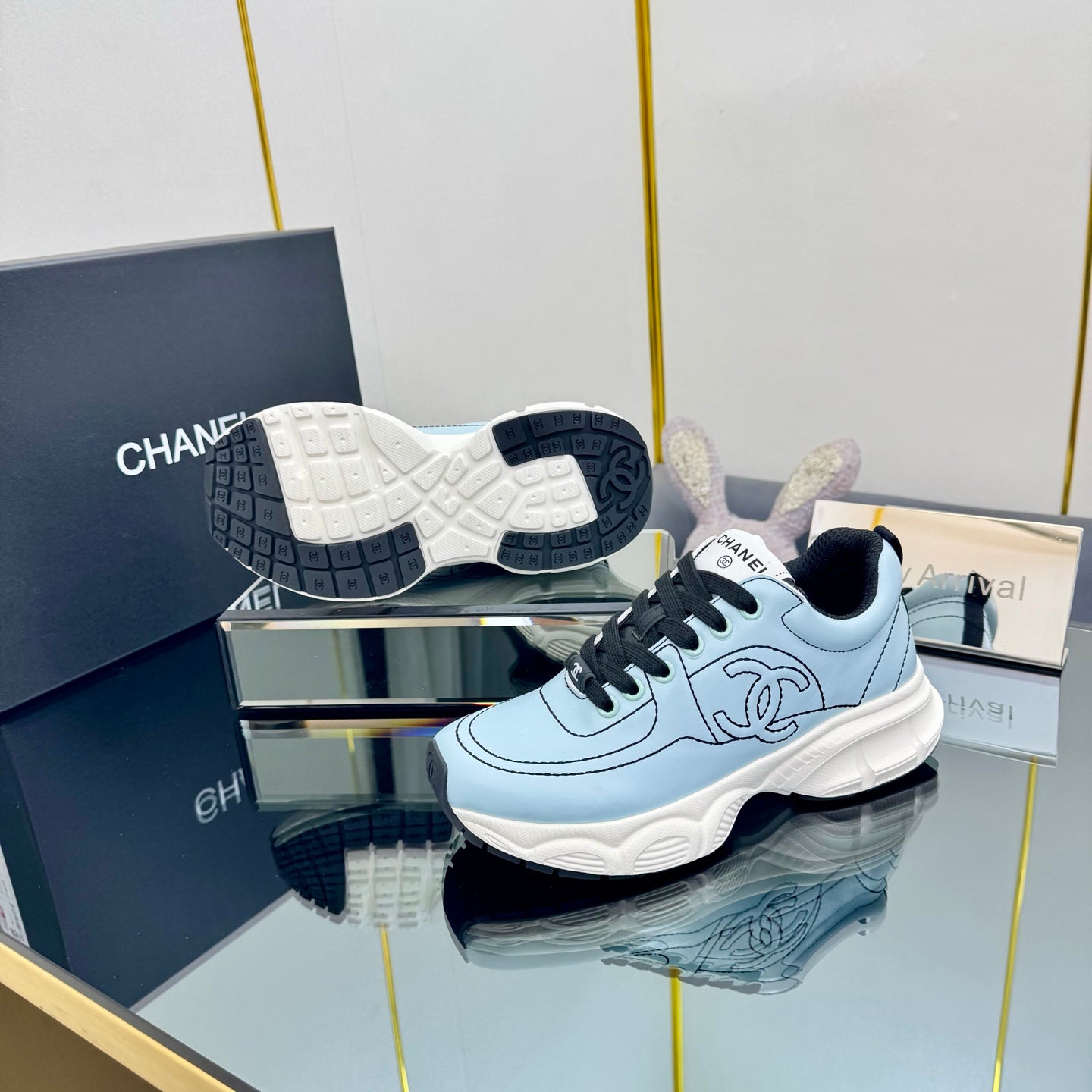 TRAINERS SNEAKER IN LIGHT BLUE CALFSKIN WITH BLACK EMBROIDERED