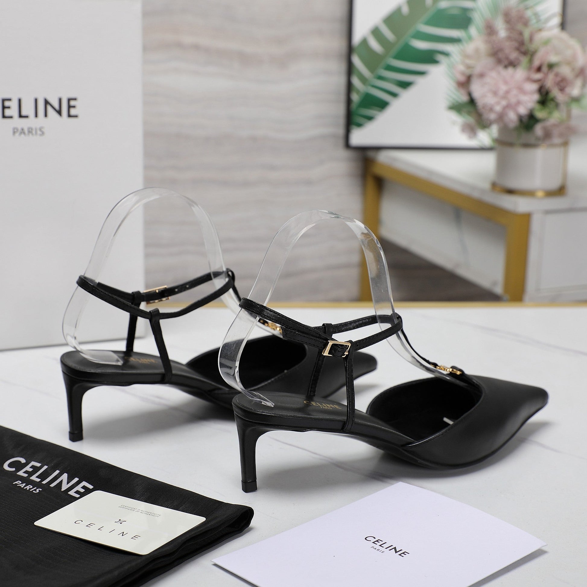 HIGH 5 CM SLINGBACK IN BLACK CALFSKIN WITH GOLD LOGO